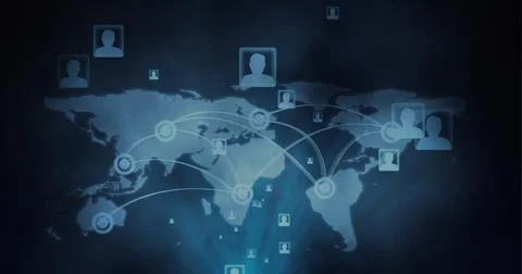 Network of multiple profile icons over world map against blue background Stock Illustration