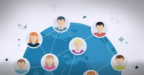 Network of multiple profile icons over globe against grey background Stock Illustration