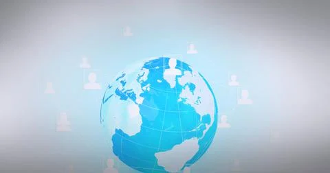 Network of multiple profile icons over globe against grey background Stockillustratie