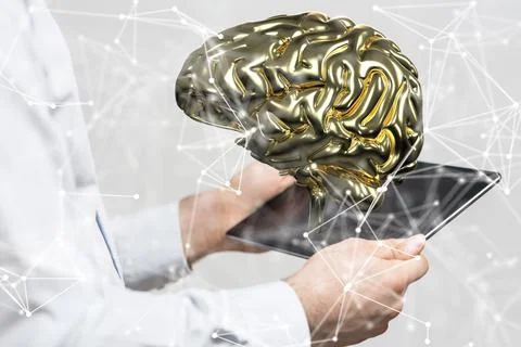 Network neurogen digital iq render flying over mans tablet Stock Photos