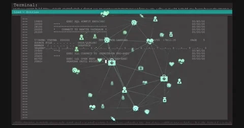 Network node graph integrating with retro terminal, code streaming causing nodes Vídeos de archivo 333900868