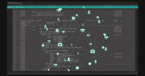 Network node graph integrating with retro terminal, code streaming causing nodes Stock Illustration