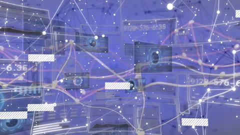 Network node visualization moving in flat design, showing floating UI panels, Stock Footage 308046230