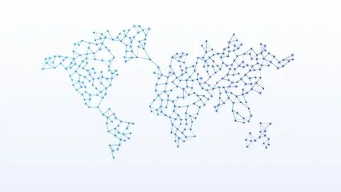 Network of nodes and lines growing across the world map from Europe on white Stock Footage 348337633