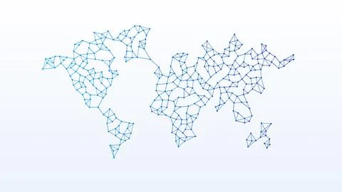 Network of nodes and lines growing across the world map from Europe on whit.. Stock Illustration