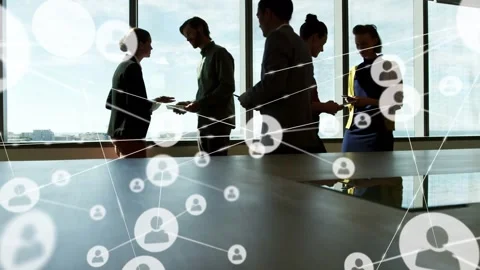 Network nodes appearing, five pros exchanging docs and checking tablets, mapping Stock Footage 334034716