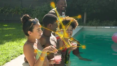 Network nodes appearing over pool, causing group leaning, pointing, laughing, Stock Footage 333336796