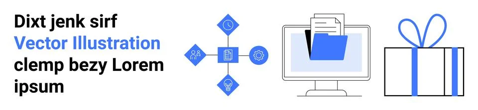 Network nodes connected by lines, computer monitor with folder and papers, an 스톡 일러스트