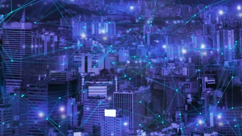 Network with nodes connected over the cities. digital technology concept. Stock Footage 129662875