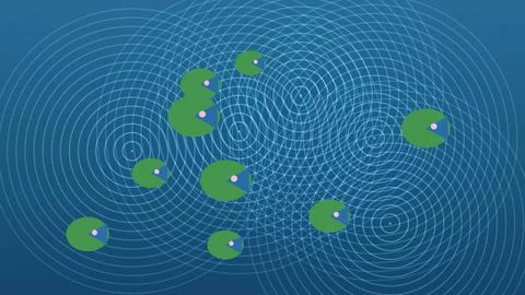 Network nodes connected by wave interference patterns on dark blue background Illustrazione stock