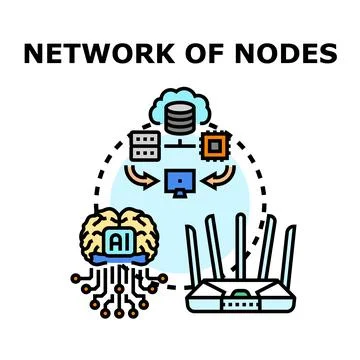 Network of nodes connecting artificial intelligence and cloud computing Stock Illustration