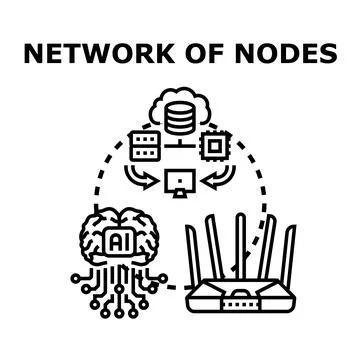Network of nodes connecting artificial intelligence and cloud computing Stock Illustration