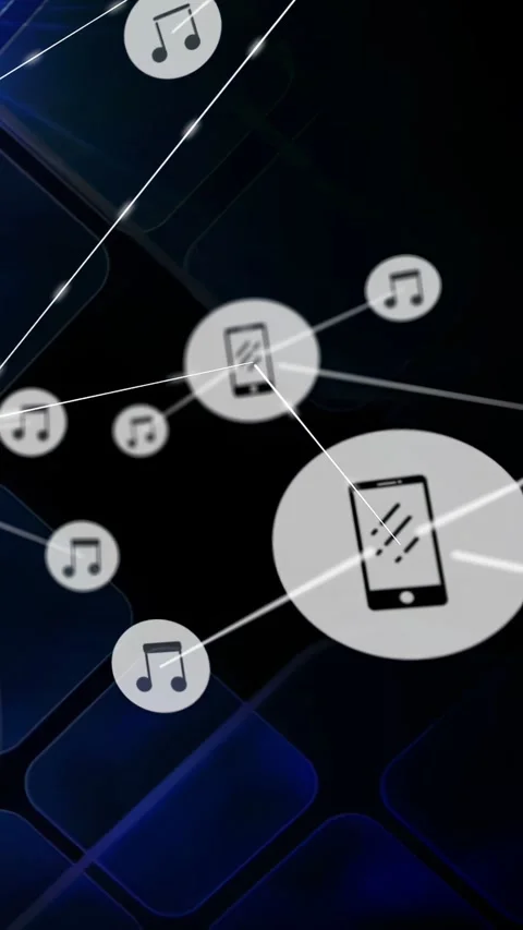 Network nodes fading in from left, forming phone node music network visualizing Stock Footage 332507098