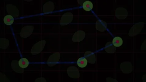 Network Nodes Forming Shifting Geometric Connections on a Dark Grid Backgroun Stockbeeldmateriaal 343741901