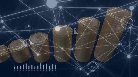 Network nodes pulsing, highlighting coin stacks while HUD readouts sliding, Stock Footage 335651870
