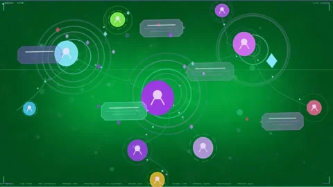 Network nodes reacting to messages, pulsing rings, sliding panels near purple Stock Footage 333907667