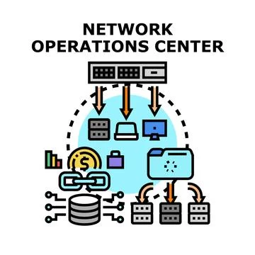 Network operations center managing connected devices and data flow Stock Illustration