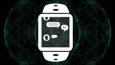 Network orb appearing inside watch, expanding behind smartwatch, animating chat Stock Footage 334881867