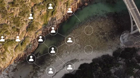 Network overlay appearing near cliff, filling avatar nodes and linking across Stock Footage 334242307