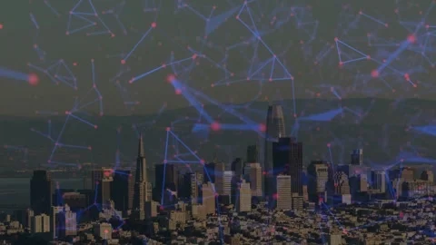 Network overlay appearing over downtown skyline, nodes pulsing, lines rippling Stock Footage 333449028