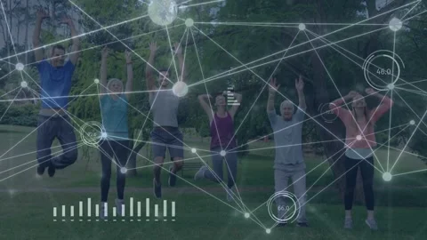 Network overlay appearing, six people doing jumps in park for fitness, node Stock Footage 333734744