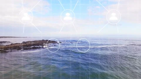 Network overlay emerging after faint sky node rising, linking user icons to show Stock Footage 334242316