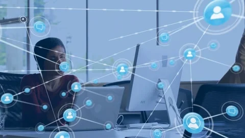 Network overlay expanding from circle above laptop, woman at desk using laptop, Stock Footage 334039463