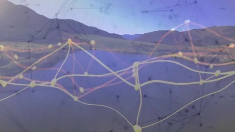 Network overlay fading in at dawn valley starting nodes brightening and lines Stock Footage 329032273