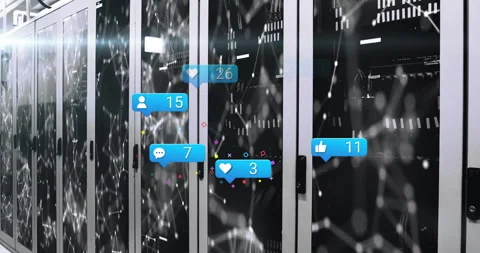 Network overlay fading in over racks starting social icons appearing, drifting, Stock Footage 309894113