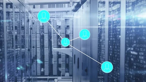 Network overlay forming after cyan node appears right, becoming icons linking to Video stock 334322023