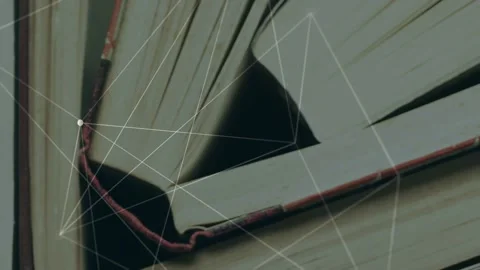 Network overlay forming over stacked books, camera panning out, nodes sliding Stock Footage 333575337