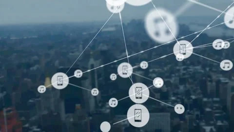 Network overlay growing over skyline, triggered by phone node, showing tech Stock Footage 333657058