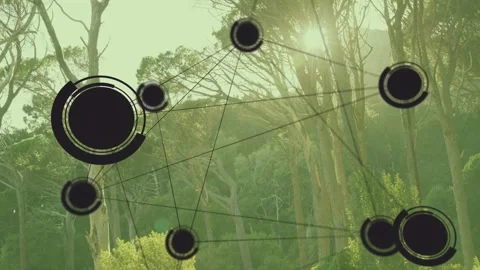 Network overlay on sensor feed shifting up, rotating rings pulsing nodes, Stock Footage 333301342