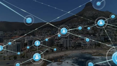 Network overlay starting from central blue node, expanding nodes and linking, Video stock 329753754