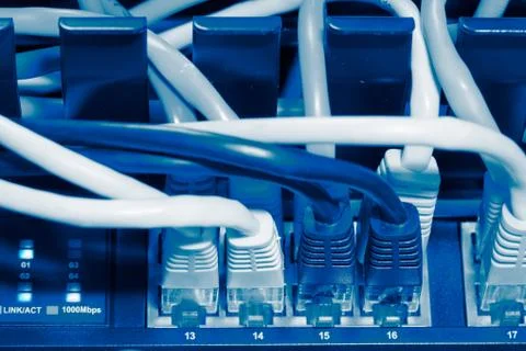 Network panel, switch and cable in blue tone. selective focus Stock Photos