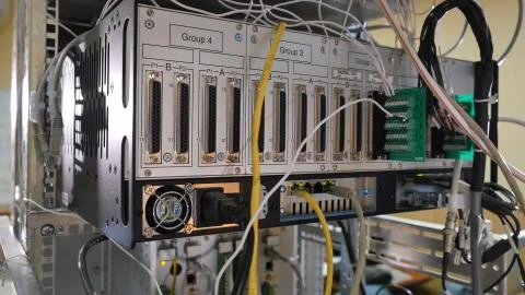 Network panel, switch and cable in data center Stock Photos