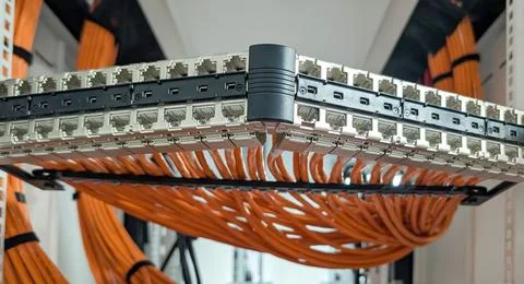 Network Patch Panel with Orange Data Cables in Server Rack Stock-Fotos