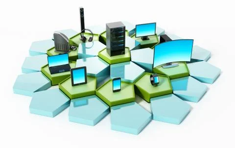 Network with pentagon tiles connecting electronic devices. 3D illustration Illustrazione stock