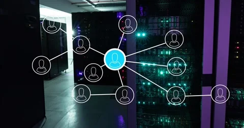Network of people icons and data processing over glowing computer servers in Stock Footage 328646520