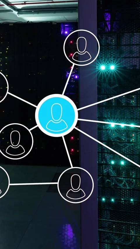Network of people icons and data processing over glowing computer servers in Stock Footage 344803122