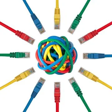 Network plugs  pointing to a ball of colored cables Foto stock