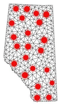 Network Polygonal Map of Alberta Province with Red Covid Centers Stock Illustration