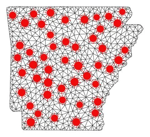 Network Polygonal Map of Arkansas State with Red Covid Nodes Stock Illustration