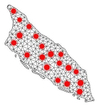Network Polygonal Map of Aruba Island with Red Coronavirus Centers Stock Illustration