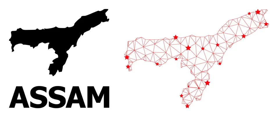 Network Polygonal Map of Assam State with Red Stars Illustrazione stock