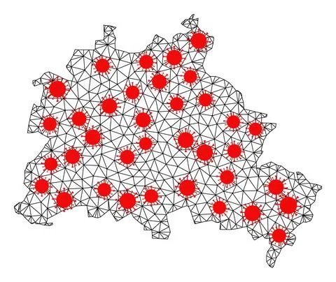 Network Polygonal Map of Berlin City with Red Coronavirus Elements Ilustración de archivo