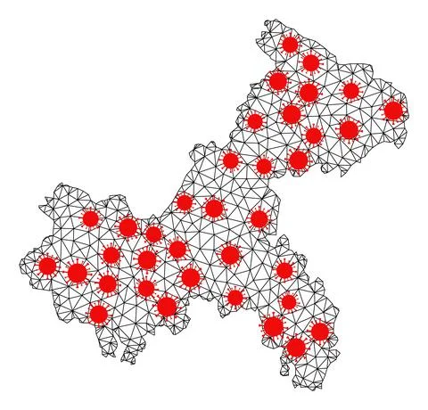 Network Polygonal Map of Chongqing Municipality with Red Covid Nodes Illustrazione stock