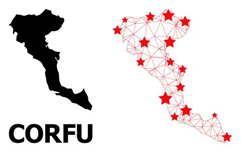 Network Polygonal Map of Corfu Island with Red Stars Stock Illustration