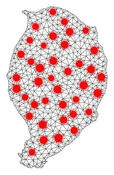 Network Polygonal Map of Corvo Island with Red Coronavirus Nodes Illustrazione stock