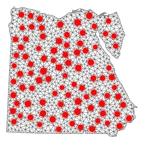 Network Polygonal Map of Egypt with Red Coronavirus Elements Ilustración de archivo